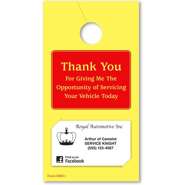 Thank You Hang Tag for Automotive Service - 4-1/4" x 8" Size Tag Holds a Standard Size Business Card - Durable 100# Yellow Tag Stock - Rear-View Mirror Hanging Design