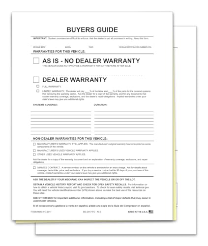 As-Is File Copy Buyers Guide Forms for Car Dealerships – 2-Part Carbonless Vehicle Sale Forms – White/Canary – 8-1/2" × 11" – No Adhesive – Ideal for Filing & Document Holders