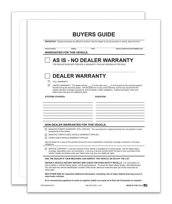 As-Is Exterior Buyers Guide for Car Dealerships - 8.5" x 11" 1-Part Weather-Resistant Forms with FTC Regulations - Laser Compatible and Permanent Self-Adhesive on 4 Sides