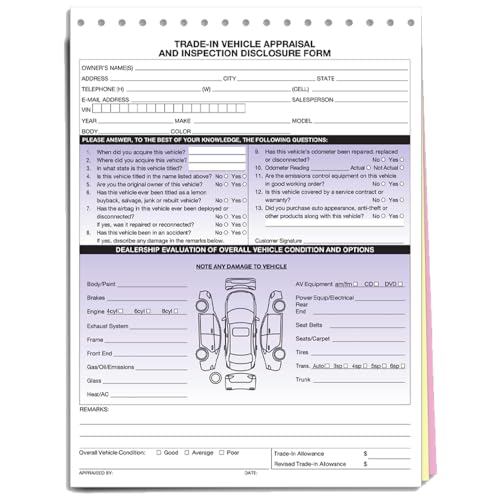 Trade-In Vehicle Appraisal & Disclosure Form - Large Size 8.5" x 11.75" - 3-Part Snap-Out Carbonless Forms - Ideal for Documenting Vehicle Damage, Defects, and History