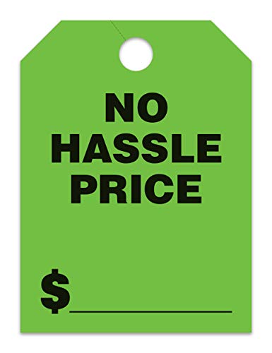 Jumbo "No Hassle Price" Car Dealer Mirror Hang Tags - Fluorescent Colors Large Size (8-1/2" × 11-1/2") Tags for Auto Dealership Supplies - Durable 11-Point Stock Material