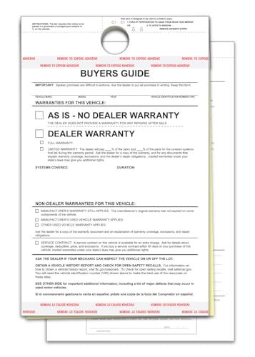 As-Is No Lines Hanging Buyers Guide Forms for Car Dealerships – 8-1/2" × 11-3/4" 2-Part Carbonless Vehicle Sale Forms – White/Canary – Adhesive Tape – Large Hole for Rearview Mirror Display