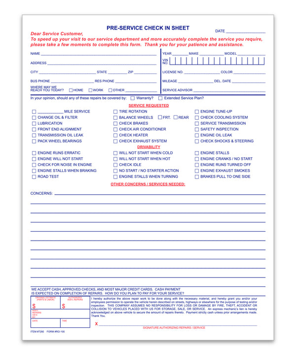 Pre-Service Check-In Sheets (Form RO-100) - 8.5" × 11" Size, 20# White Laser Paper Material - 1-Part Padded Sheets for Customer Communication and Service Efficiency