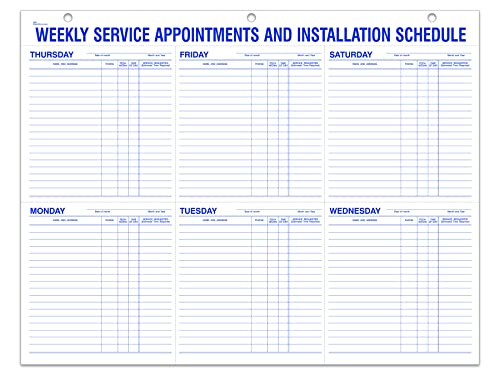 Weekly Service Appointments and Installation Schedule Pad - Large 22" x 17" Size, 60# White Paper, Horizontally and Vertically Perforated Sheets - 52 Sheets/Pad