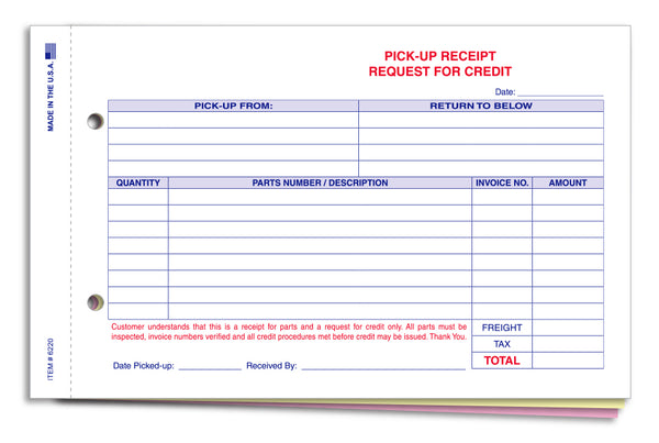 Automotive Parts Pick-up Receipt - 3-Part Snap-Out Carbonless Forms with Customer, Accounting, and Department Copies - Convinient 9-1/8" × 5-2/3" Size