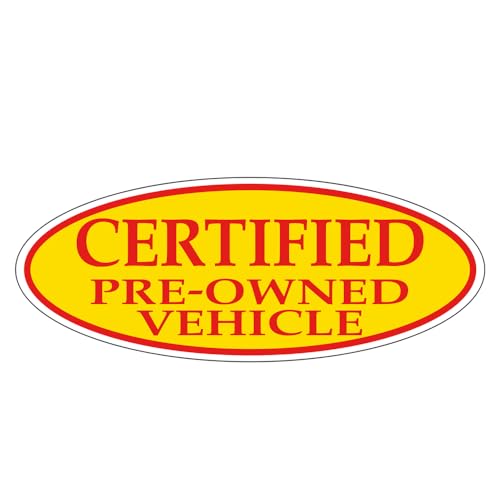 CERTIFIED PRE OWNED VEHICLE Red on Yellow Oval Window Sticker for Car Dealerships - 14" x 5-1/2" Size - Premium Weatherproof Vinyl for Long-Lasting Visibility