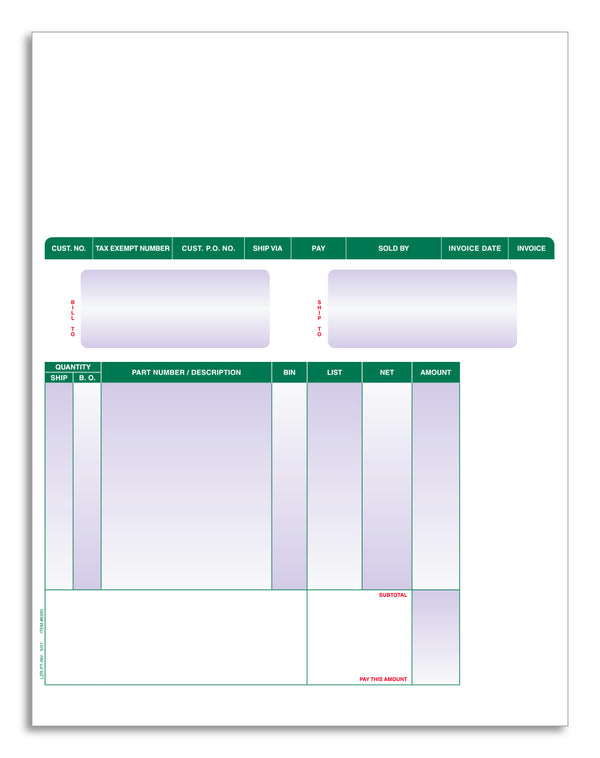 Laser Parts Invoices for Automotive Dealerships (Form LZR-PT-INV) - Universal Compatibility 1-Part 8-1/2" × 11" Laser Cut Sheets with 20# White Laser Paper