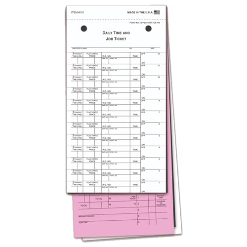 Premium Job Time Tickets for Mechanic Tracking (Form JT-12-PSG/ DSA-126 A/B) - Enhanced Carbon for Legibility - 3-Part Snap-Out Design - 4-1/4" x 9-3/4" - Pink & White Tag - Prints in Black Ink