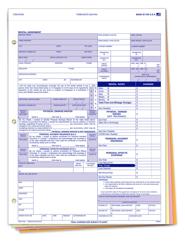 Rental Agreements for Car Dealerships - 8-1/2" × 11-3/4" 4-Part Snap-Out Forms - Carbonless White, Canary, Pink, Goldenrod