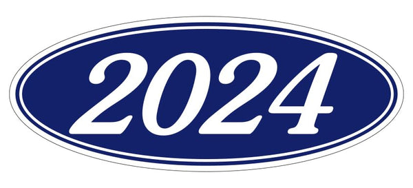 Oval Year Window Stickers - White on Navy Blue Window Stickers - Durable, Weatherproof Vinyl with Easy On/Off Adhesive - Back Slit for Seamless Installation - 14" × 5-1/2"