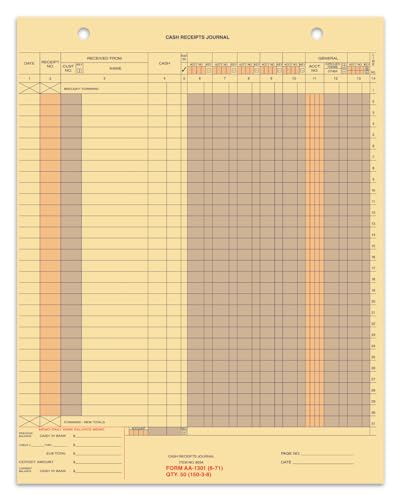 Buff Cash Receipt Journal (Form AA-1301) - 11" × 14" 1-Part Cut Sheet with 2 File Holes - Ideal for Record-Keeping, Eliminate Copy Work, and Accelerate Posting Speeds