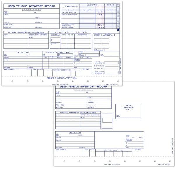 Used Vehicle Inventory Cards - 2-Part Snap-Out with Stub, Patterned Carbon on 100# Tag Paper - 8" x 5-5/8" - Accounting and Sales Information - Ideal for Automotive Dealerships