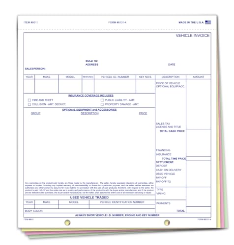 Vehicle Invoice (Form 6131-4) - 8-1/2" x 9-1/8", 4-Part Snap-Out Carbonless Copies (White, Canary, Pink, Green) - Comprehensive Vehicle Sales Invoice