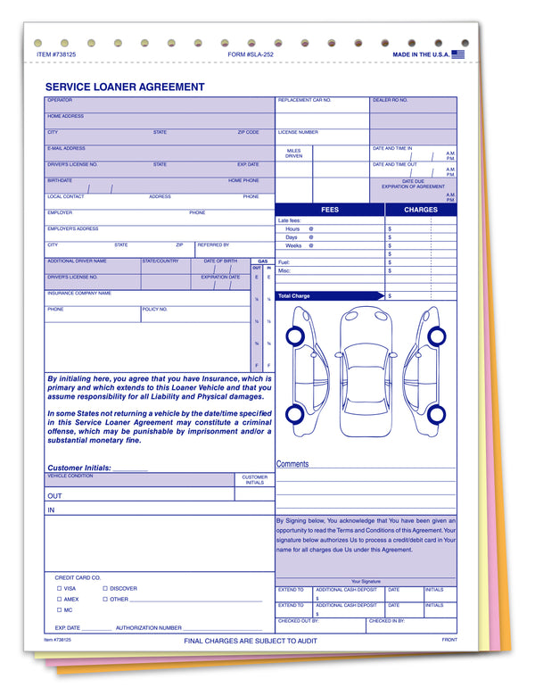 Professional Service Loaner Agreements for Car Dealerships (Form SLA-252) - 8-1/2" × 11-3/4" 4-Part Snap-Out Forms - Carbonless White, Canary, Pink, Goldenrod