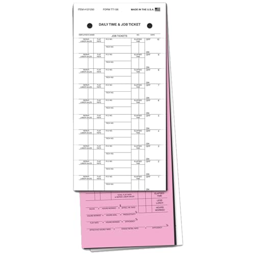 Premium Job Time Tickets for Mechanic Tracking (Form TT-136) - Enhanced Carbon for Legibility - 3-Part Snap-Out Design - 4-1/4" × 11-1/8" - Pink & White Tag - Prints in Black Ink