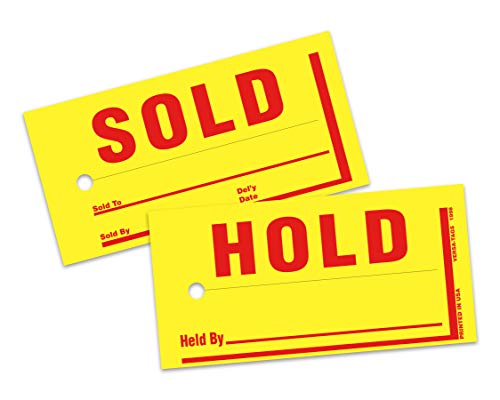 Mini Hold/Sold Tags for Car Dealerships - Heavy Duty 4-3/4" ×2-3/8" Merchandise Tags with 1/4" Hole - Bright Yellow Tags with Red Print