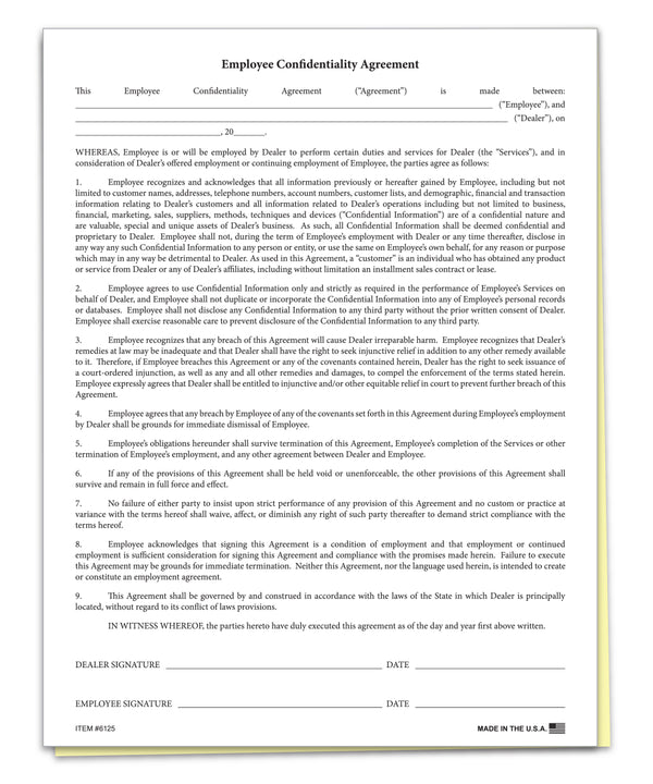 Employee Confidentiality Agreement Forms - 2-Part Carbonless Edge-Glued Forms to Protect Confidentiality Rules - Standard Letter Size 8-1/2" × 11"