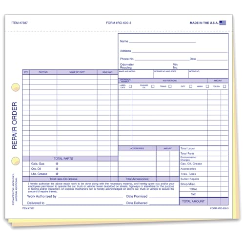 Repair Orders for Automotive Repair Shops, Garages, and Service Centers - 7-5/8" × 8-1/2" 3-Part Snap-Out Forms - Carbonless White, Canary, and Buff Tag