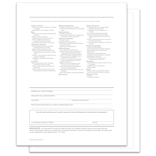 Backer Only Spanish Interior Buyers Guide for Car Dealerships - 8.5" x 11" 1-Part Fade-Resistant Forms with FTC Regulations - Laser Compatible and Permanent Self-Adhesive on 4 Sides