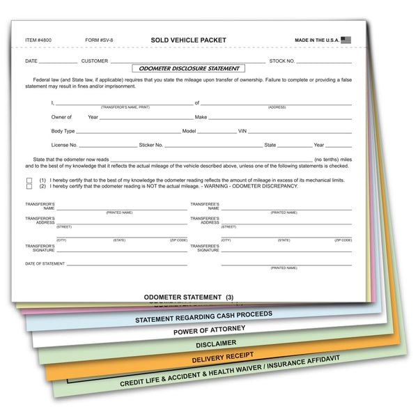 Sold Vehicle Combination Form for Automotive Business - 8-Part Snap-Out Carbonless Copies - Including Multi-Part Odometer Statement - 8.5" x 8" Size