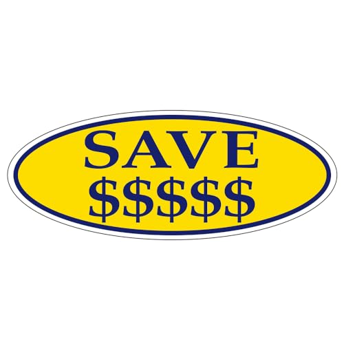 SAVE $$$$$ Dark Blue on Yellow Oval Window Sticker for Car Dealerships - 14" x 5-1/2" Size - Premium Weatherproof Vinyl for Long-Lasting Visibility