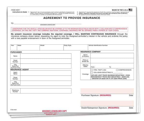 Agreement to Provide Insurance Form - 8-1/2" × 7" Size, 3-Part Snap-Out Carbonless Copies in White - Ensure Insurance Coverage for Sold Vehicle