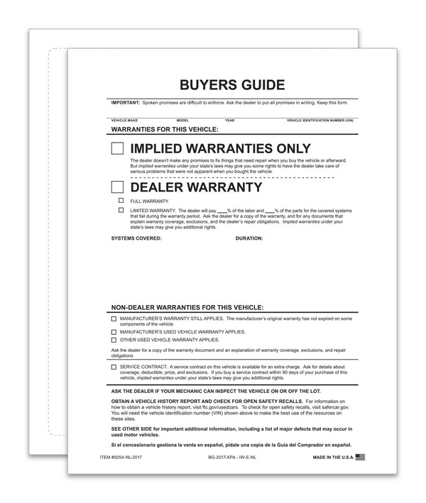 Implied Warranty – No Lines Exterior Buyers Guide for Car Dealerships - 8.5" x 11" 1-Part Weather-Resistant Forms with FTC Regulations - Laser Compatible and Permanent Self-Adhesive on 4 Sides