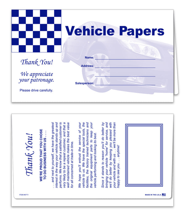 Blue Checker Flag Vehicle Paper Wallets – 6" x 10.5" Durable Paper Document Holders – Perfect for Automotive Registration, Insurance, Maintenance Records – White Textured 65# Stock