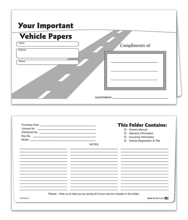Black Road Pattern Vehicle Paper Wallets – 6" x 10.5" Durable Paper Document Holders – Ideal for Automotive Registration, Insurance & Maintenance Records – 65# White Textured Stock