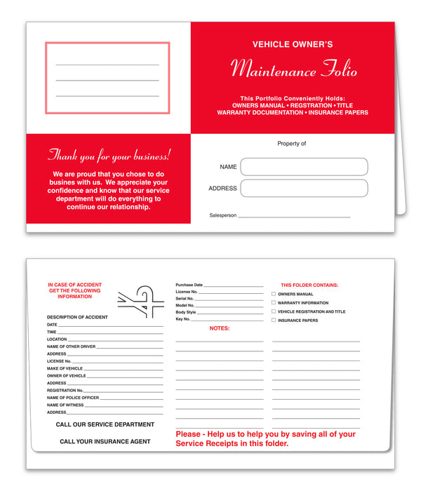 Red Vehicle Paper Wallets – 6" x 10.5" Durable Paper Document Holders – Perfect for Automotive Registration, Insurance & Maintenance Records – White Textured 65# Stock