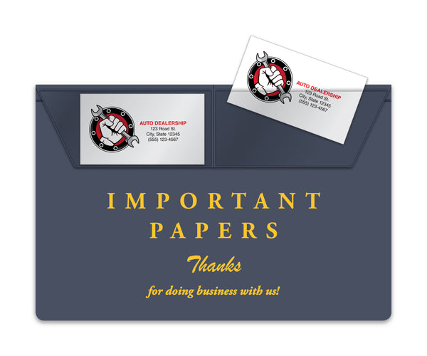 Stock Vinyl Document Wallets – Navy Blue with Gold Print & Clear Business Card Slots – 10" x 6-5/8" Durable Automotive Document Holders for Registration, Insurance & Maintenance Records
