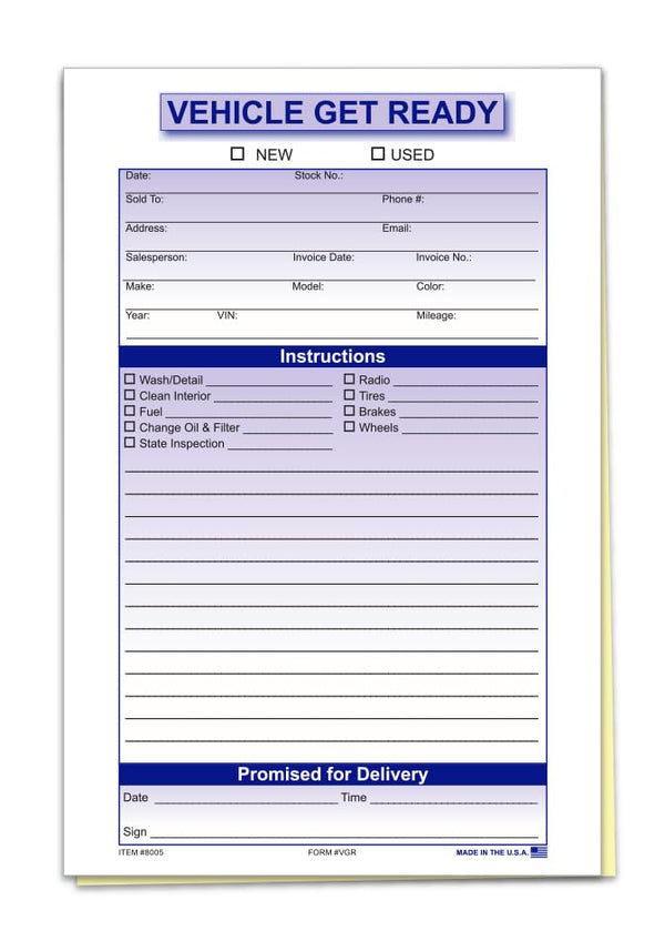 Vehicle Get Ready Form - 5-1/2" x 8-1/2", 2-Part Edge Glued Carbonless (White, Canary) - VGR Form with Detailed Vehicle and Delivery Documentation