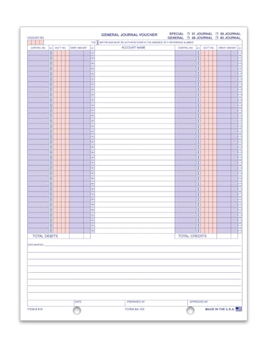 General Journal Vouchers (Form A-150) - 8-1/2" × 11" 1-Part Cut Sheet, 20# White Paper - Standardized General Use Voucher Format - Compatible with Most Computer Software Systems