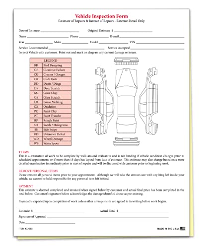 Vehicle Inspection & Estimate Form - 2 Part Carbonless Vehicle Inspection Form for Initial Walk-Around, Repairs Estimate, and Final Approval - 8-1/2"×11" Edge Glued - White, Canary