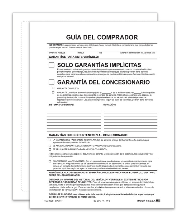 Implied Warranty Spanish Exterior Buyers Guide for Car Dealerships - 8.5" x 11" 1-Part Weather-Resistant Forms with FTC Regulations - Laser Compatible and Permanent Self-Adhesive on 4 Sides