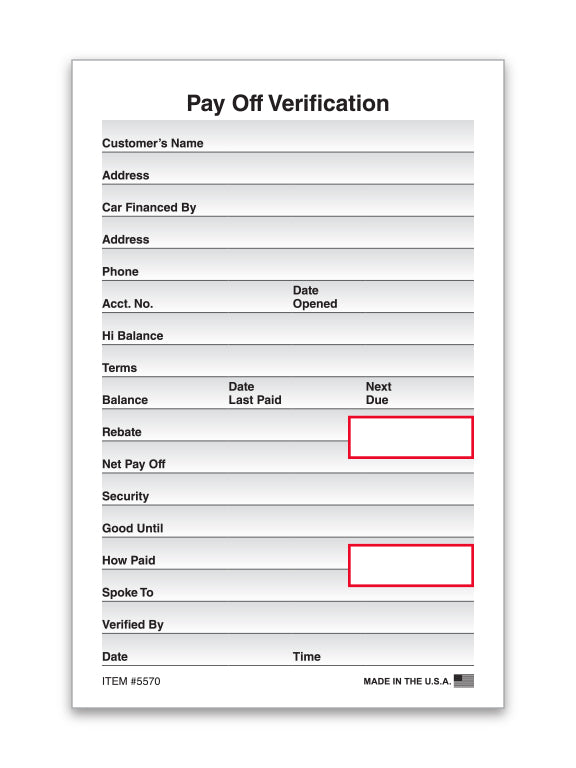 Pay Off Verification Forms - 4-1/2" × 6-3/4" 1-Part Padded Forms on 50# Offset Paper - Ideal for Documenting Exact Payoff Amounts and Verification Details