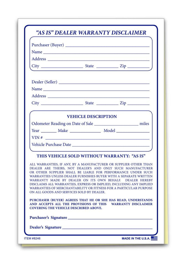 "As Is" Dealer Warranty Disclaimer Forms - 5-1/2" × 8-1/2", 2-Part Carbonless - White/Canary, Edge-Glued Forms - Dealership Liability Protection and Customer Acceptance Proof