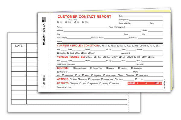Prospect Tracker Customer Contact Report - 3-Part Carbonless Front and Back Forms for Tracking Prospects and Potential Buyers - (6-5/8" × 4") White, Canary, Pink
