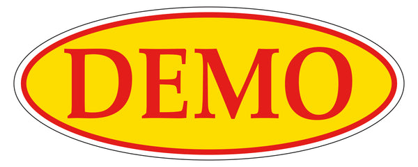 DEMO Red on Yellow Oval Window Sticker for Car Dealerships - Weatherproof Vinyl, High Visibility, Durable, 14" x 5.5"