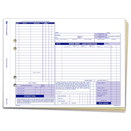 Repair Orders for Automotive Repair Shops, Garages, and Service Centers - 7-5/8" × 8-1/2" 3-Part Snap-Out Forms - Carbonless White, Canary, and Buff Tag