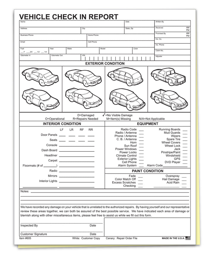 Vehicle Check In Report - 2 Part Carbonless Sheets