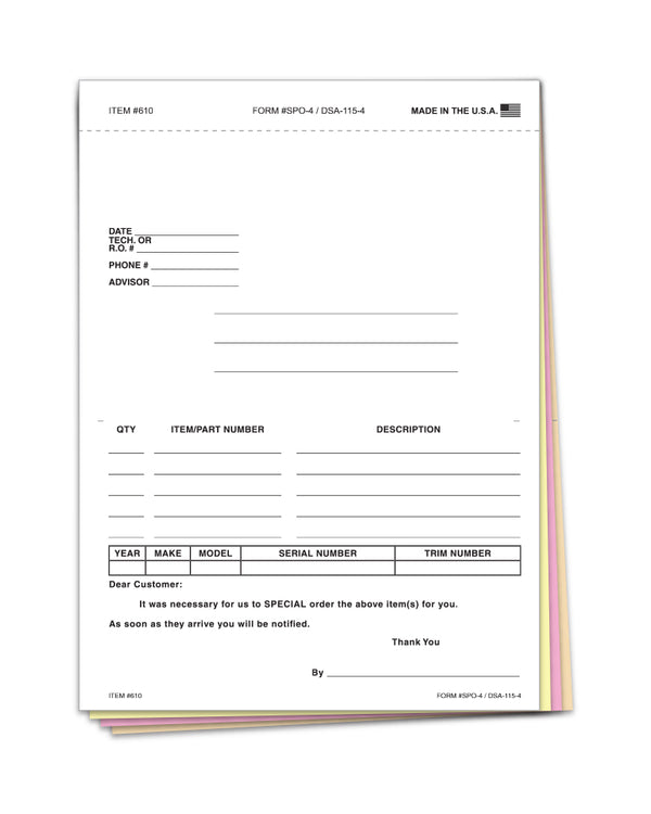 Professional Grade Special Parts Order Forms with Postcard Feature - 4-Part Carbonless Snap-Out Design for Automotive Dealerships - 5-2/3" x 7-1/2" Auto Parts Order Sheets - White, Canary, Pink, Manila Copies - Pack of 100