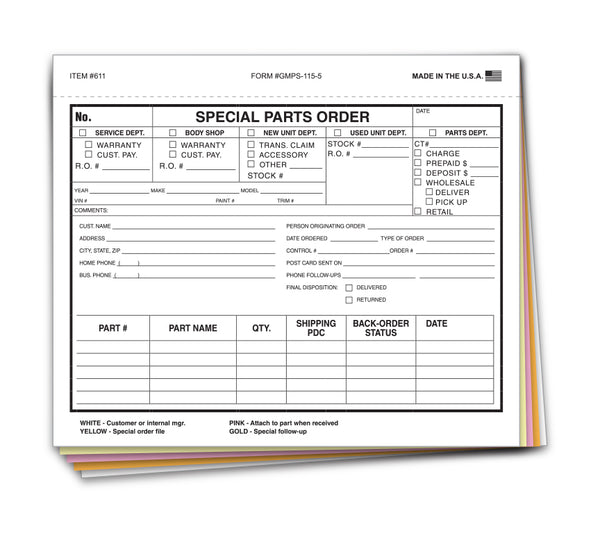 Special Parts Order Forms (GMPS-115-5) - 5-Part Snap-Out Carbonless Forms with Customer Message Section and Postcard Mailer - 7" × 5-7/8" Size Multi-Colored Copies