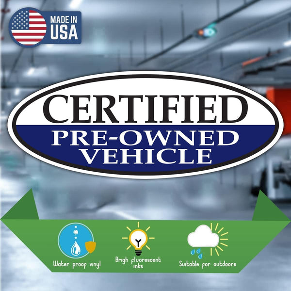 Certified Pre-Owned Vehicle Blue Oval Window Sticker for Car Dealerships - 14" x 5.5" - Premium Removable Vinyl, Durable and Weatherproof - Easy Installation with Slit Backing