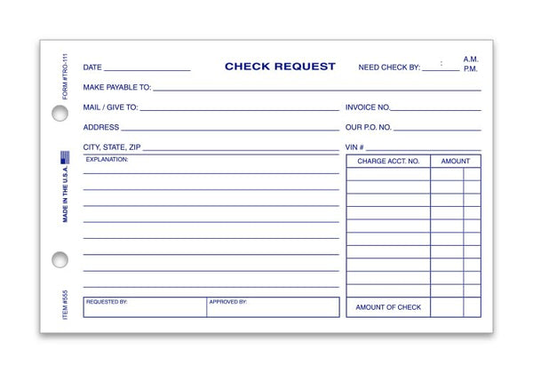 Check Request Form for Record Requests and Approvals - 1-Part 20# White Paper Form for Car Dealership - 8-1/2" x 5-1/2" - 100 Sheets/Pack