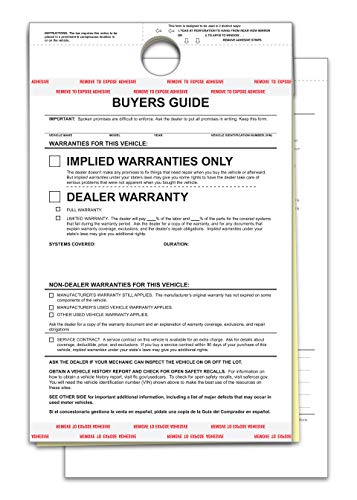 Implied Warranty Buyers Guide Forms for Car Dealerships – 2-Part Carbonless Vehicle Sale Forms – White/Canary – 7-1/3" × 11-3/4" Adhesive Window Display Ready – FTC Compliant