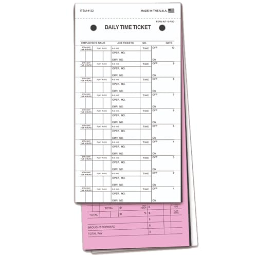 Premium Job Time Tickets for Mechanic Tracking (Form JT-10-PSG) - Enhanced Carbon for Legibility - 3-Part Snap-Out Design - 4-1/4" x 9-3/4" - Pink & White Tag - Prints in Black Ink