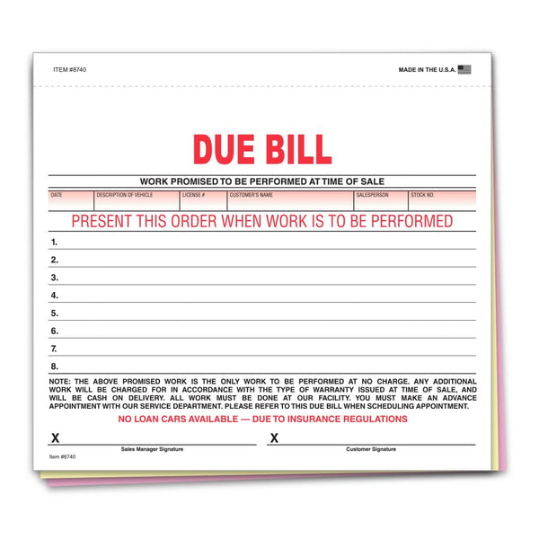 Due Bill Forms for Car Dealership - 8-1/2" × 7-3/4" 3-Part Snap-Out Carbonless Form for Post-Sale Equipment and Services Documentation - White, Canary, Pink