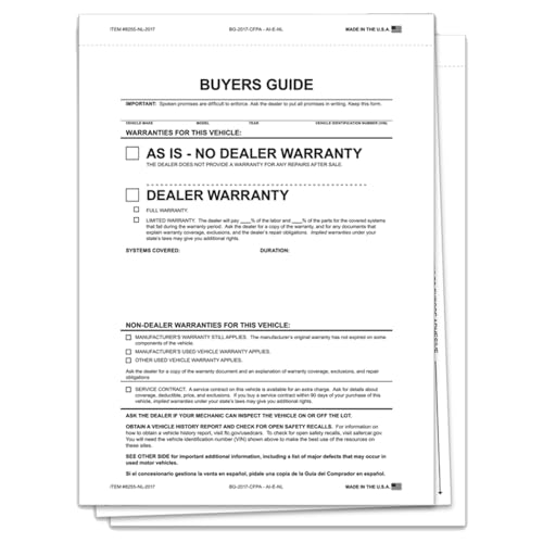 2-Part As-Is No Lines Combo Buyers Guide - 8.5" x 11.75" Size White Paper with Carbon Interleave & White Adhesive Stock - Legal Compliance for Car Dealerships