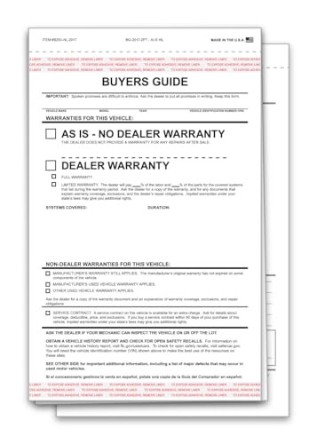 As-Is No Lines Buyers Guide Forms for Car Dealerships – 2-Part Carbonless Snap-Out Vehicle Sale Forms – White/White – 7-1/3" × 11-3/4" Adhesive Window Display Ready